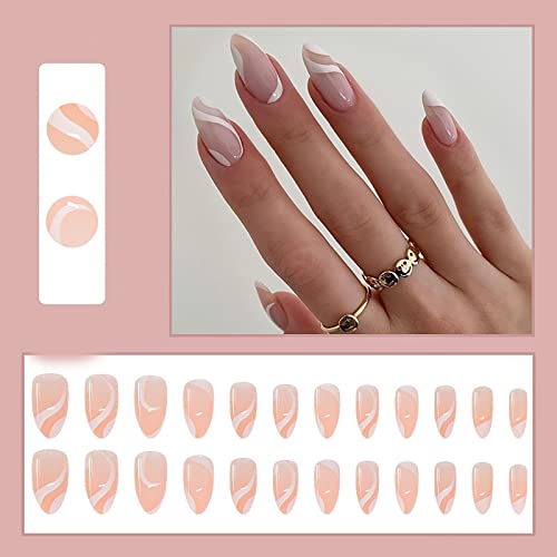 24 Piece Medium Almond White Swirl Press on Nails Kit with Glue for Women - Image 2