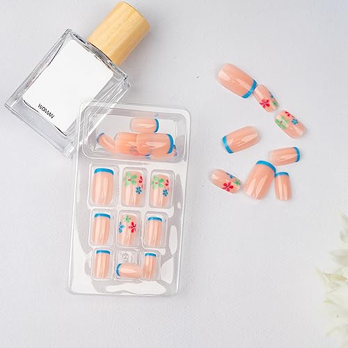 24 Pcs Medium Press on Nails with Multi-Colored Flower Designs and Blue French Tips - Image 2