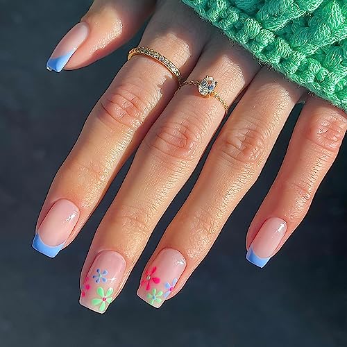 24 Pcs Medium Press on Nails with Multi-Colored Flower Designs and Blue French Tips