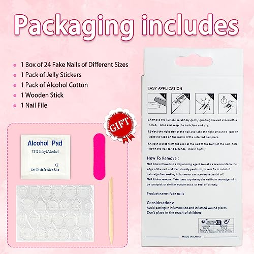 24 Pcs Medium Press on Nails with Multi-Colored Flower Designs and Blue French Tips - Image 6