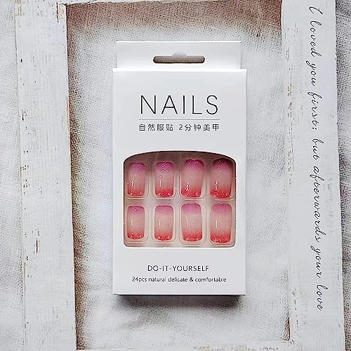 24 Pc Medium Square Purple Pink Ombre French Glitter Press On Nails - Image 5