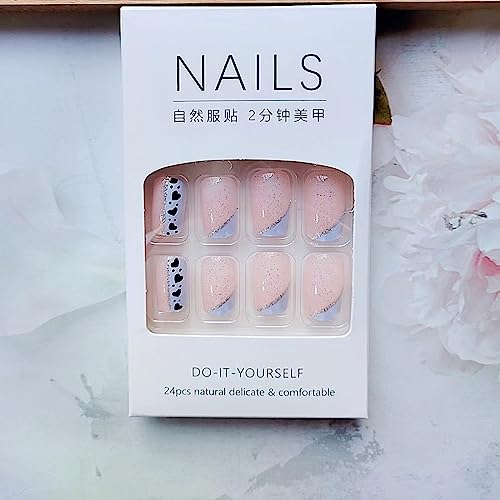 24 Pcs Nude Pink Press on Nails Medium Square - BHLFRH Cute Fake Nails Press ons Blue Oblique French Glitter Design False Nails Full Cover Glossy Acrylic Artificial Glue on Nails Art Tips Manicure - Image 2