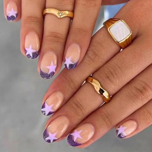 24 Pcs Nude Pink Press on Nails Short Almond - BHLFRH Fake Nails Press ons Purple Glitter French Tip Glossy Design Nail Tips Full Cover False Nails Stick on Nails Glue Acrylic Nail Kit Manicure