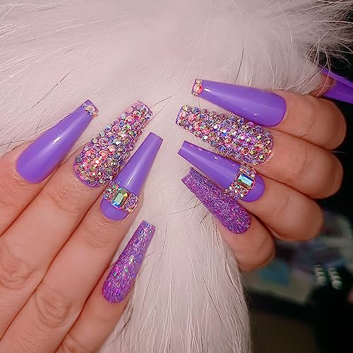 24 Pcs Nude Purple ​Press on Nail Long Bling Glam Ballerina Flash Diamond Crystal Glossy Fake Nails Coffin Nails Tips，Glitter Rhinestones Gems False Nails Glue on for Women and Girl