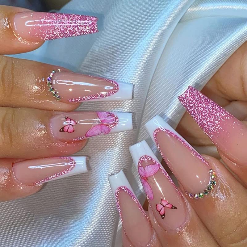 24 PCS Pink Butterfly Press on Nails Coffin Long Fake Nails White French Glue on Nails with Shiny Rhinestone Designs Artificial Acrylic Fingernails Butterfly Ballerina False Nails for Women and Girls