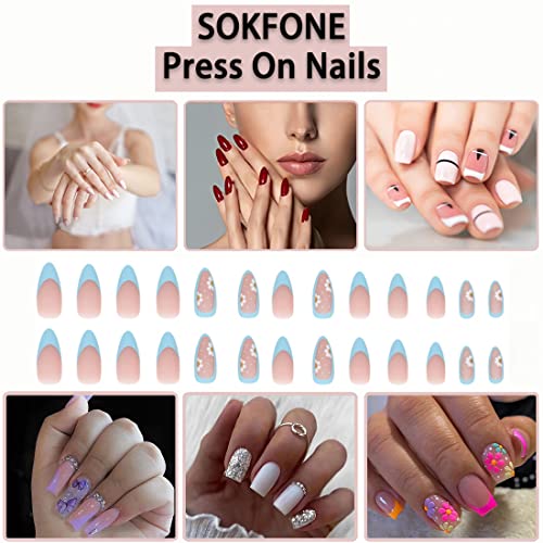 24 Pcs Pink Press on Nails Medium Length Almond Shaped False Nails White Flower Glue on Nails Yellow Designs sun frosted Acrylic Full Cover for Women Girls French Nail Art Decorations - Image 7