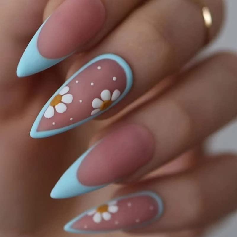 24 Pcs Pink Press on Nails Medium Length Almond Shaped False Nails White Flower Glue on Nails Yellow Designs sun frosted Acrylic Full Cover for Women Girls French Nail Art Decorations