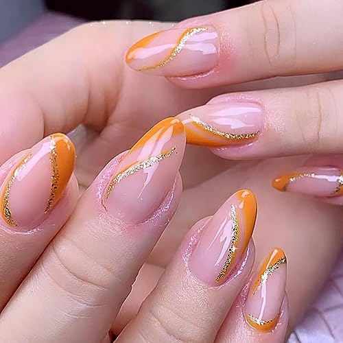 24 Pcs Press on Nails Almond Fake Nails Medium Length Acrylic Nails with Orange French Tips Gold Glitter Swirl Curve Full Cover Fashion Designs Artificial Manicure Glue on Nails for Women and Girls