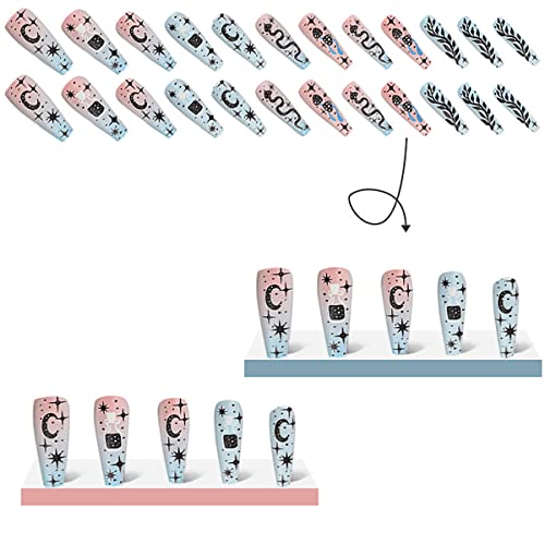24 Pcs Press on Nails Extra Long Coffin Fake Nails with Cartoon Stars and Moon Design Designs False Nails and Cute Blue Snake Pattern Ballet Cartoon Stick on Nails Matte Acrylic Nails for Women - Image 3