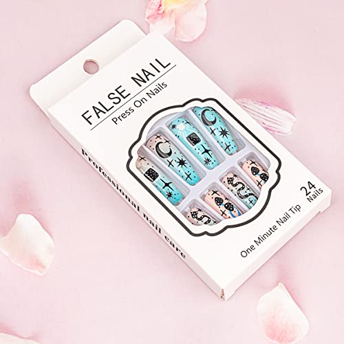 24 Pcs Press on Nails Extra Long Coffin Fake Nails with Cartoon Stars and Moon Design Designs False Nails and Cute Blue Snake Pattern Ballet Cartoon Stick on Nails Matte Acrylic Nails for Women - Image 6