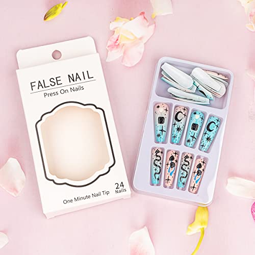 24 Pcs Press on Nails Extra Long Coffin Fake Nails with Cartoon Stars and Moon Design Designs False Nails and Cute Blue Snake Pattern Ballet Cartoon Stick on Nails Matte Acrylic Nails for Women - Image 4