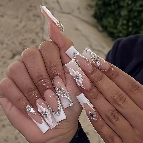 24 Piece Long Coffin French Tip Gradient Pink White 5D Flower Rhinestone Glossy Full Cover Acrylic Nails