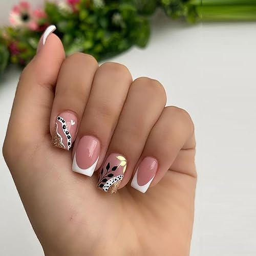 24 Pcs Press On Nails, Gel Nail Kit, Women's French Shrub Leaves False Nails, Full Cover False Nails Easy Home DIY Manicure Gift for Girls Women Kids