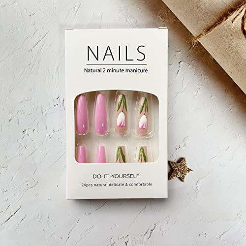 24 Piece Glossy Pink Long Coffin Acrylic Press On Nails with 3D Flowers - Image 5