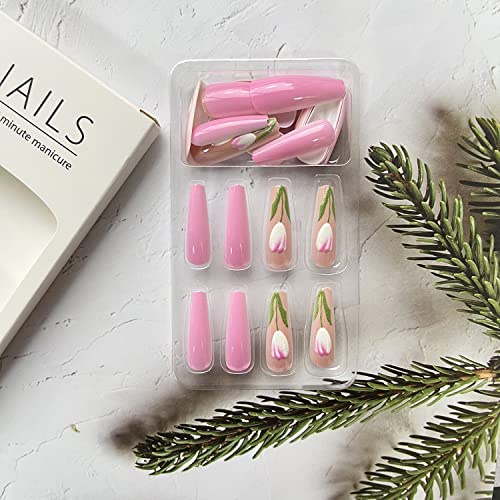 24 Piece Glossy Pink Long Coffin Acrylic Press On Nails with 3D Flowers - Image 4