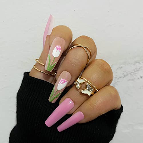 24 Piece Glossy Pink Long Coffin Acrylic Press On Nails with 3D Flowers - Image 6