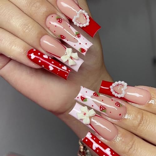 24 Piece Long Red French Square Press On Nails with Strawberry Bow Heart Charms