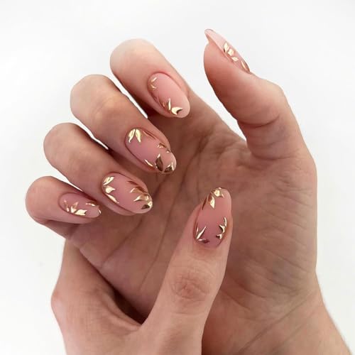 24-Piece Medium Almond Nude Pink Glossy Full Cover Press On Nails Gold Leaf Kit - Image 4