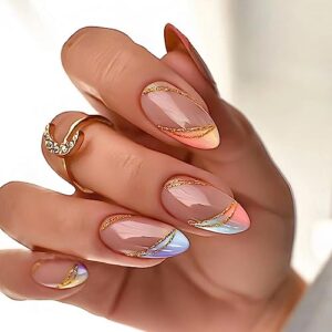 24 Piece Medium Almond Nude Rainbow Glossy Full Cover Press On Nails for Women