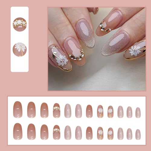 SHANRUN 24 Pcs Short Almond Oval Spring Rhinestone Cat Eye Flowers Glossy Gel-X Fake Nails Kit - Image 2