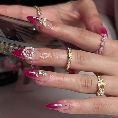 24 Pcs Red Ombre Press on Nails Short Stiletto Almond - YEFIUO Winter Fake Nails Press ons French Nail Tip with Nail Charms Rose Design Full Cover Festive False Nails Glue on Nail Acrylic Nail Art Kit