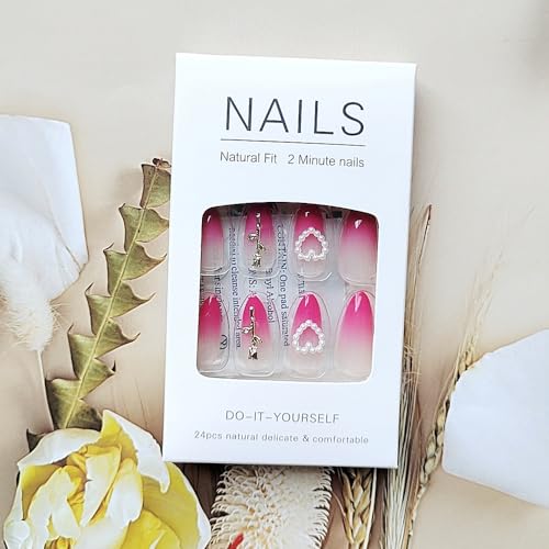 24 Pcs Red Ombre Press on Nails Short Stiletto Almond - YEFIUO Winter Fake Nails Press ons French Nail Tip with Nail Charms Rose Design Full Cover Festive False Nails Glue on Nail Acrylic Nail Art Kit - Image 5