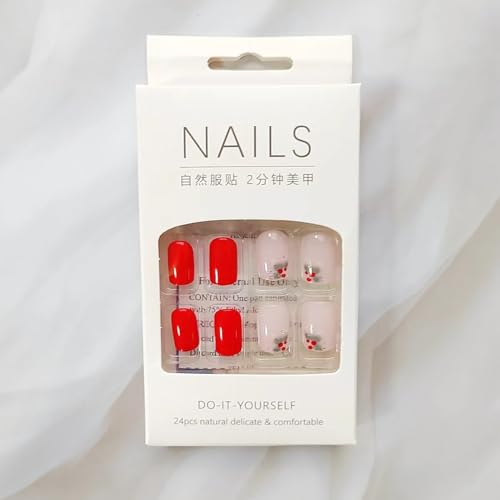 24 Pcs Red Press on Nails Short Square - Valentines Fake Nails Press ons Full Cover Nail Tips with Flowers Design Acrylic Nail Kit False Nails Stick on Nails for Women Manicure - Image 5