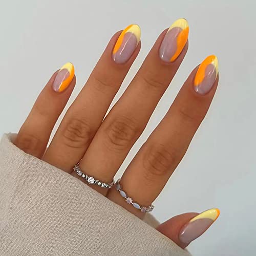 24 Pcs Short Almond Press on Nails Orange French Ripple Design for Women