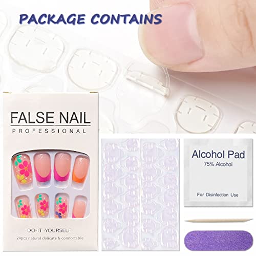 24 Pcs Short Acrylic French Tip Press on Nails with Colorful Spring Summer Flowers Design - Image 5