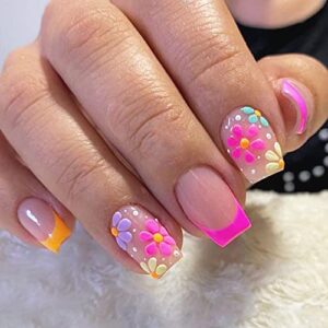 24 Pcs Short Acrylic French Tip Press on Nails with Colorful Spring Summer Flowers Design