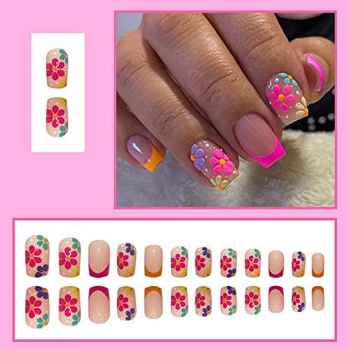 24 Pcs Short Acrylic French Tip Press on Nails with Colorful Spring Summer Flowers Design - Image 2