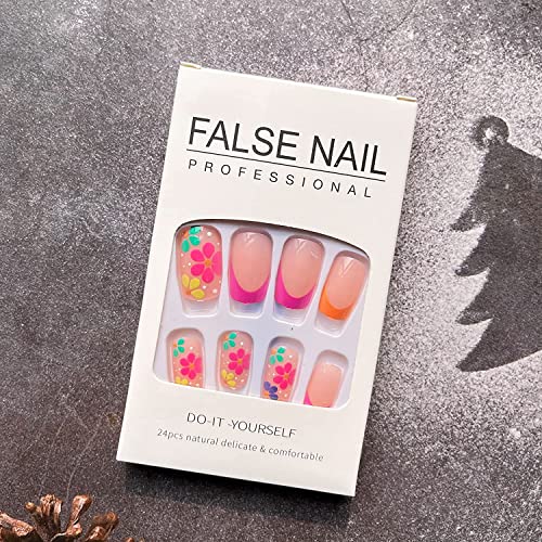 24 Pcs Short Acrylic French Tip Press on Nails with Colorful Spring Summer Flowers Design - Image 3
