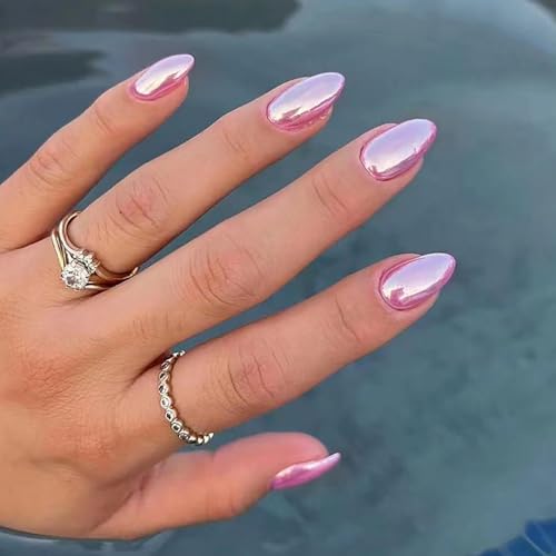 24 Pcs Short Oval Press on Nails Pink Purple Almond French Chrome Design