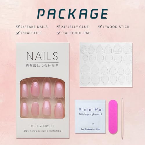 24 Pcs Short Oval Press on Nails Pink Purple Almond French Chrome Design - Image 5