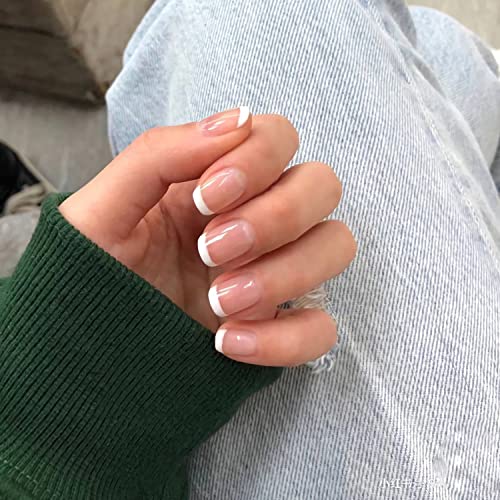 24 Piece Short Pink French Tip Glossy Full Cover Acrylic Press On Nails Set