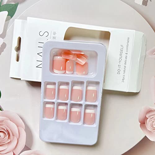 24 Piece Short Pink French Tip Glossy Full Cover Acrylic Press On Nails Set - Image 2