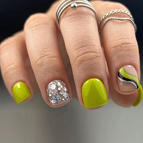 24 Pcs Short Press on Nails Square Fake Nails Acrylic False Nails with Green Swirl Glitter Design Green Solid Color Artificial Nails Glossy Full Cover Reusable Stick on Nails for Women Girls
