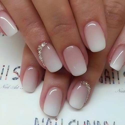 24 Pcs Short Press on Nails Square Fake Nails White Ombre False Nails Press ons with Diamond Glossy Nail Tips Full Cover Nude Pink Stick on Nails Glue on Nails Manicure Decorations Set