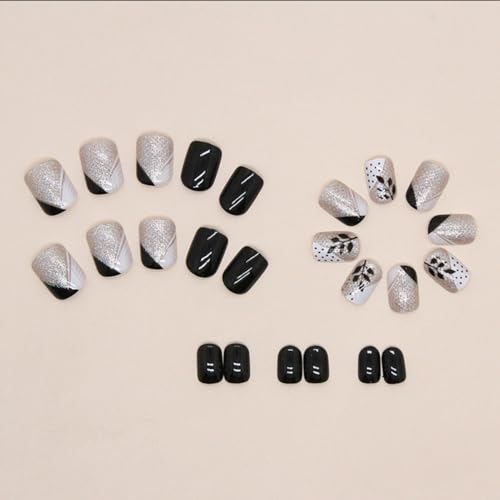 24 Pcs Short Square Black Press on Nails with Glitter Leaves Design for Women and Girls - Image 4