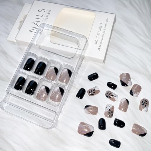 24 Pcs Short Square Black Press on Nails with Glitter Leaves Design for Women and Girls - Image 5