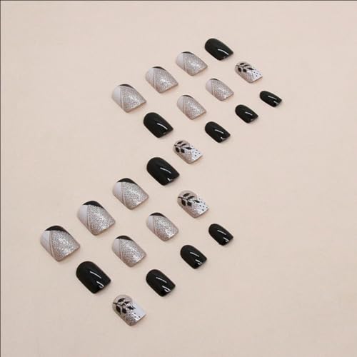 24 Pcs Short Square Black Press on Nails with Glitter Leaves Design for Women and Girls - Image 3