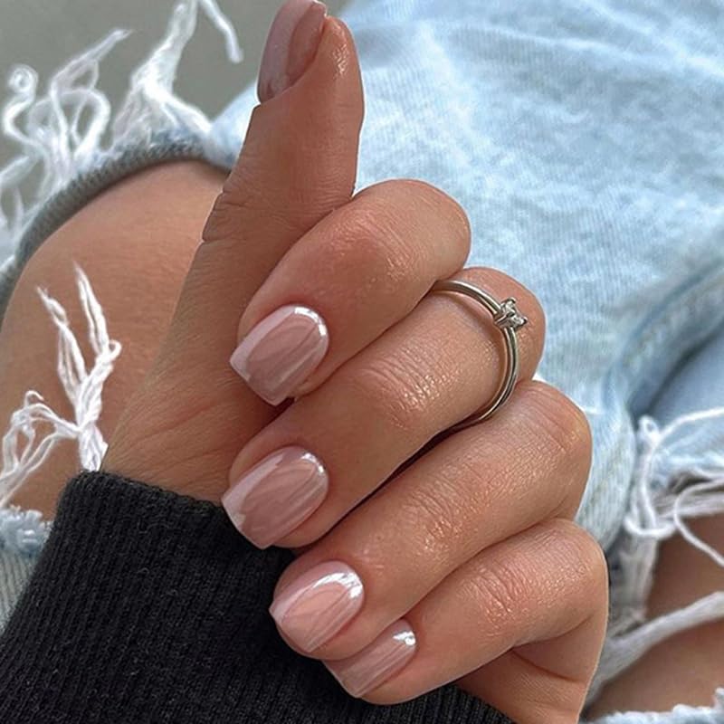 24 Pcs Short Square Nude Aurora Press on Nails with Glossy Design and Glue