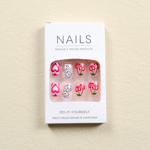 24 Pcs Short Square Pink Press on Nails with Heart Dice Cherry Glossy Design Set - Image 5