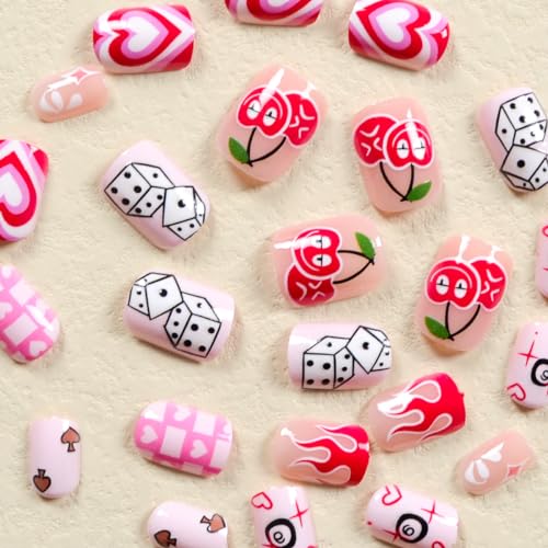 24 Pcs Short Square Pink Press on Nails with Heart Dice Cherry Glossy Design Set - Image 2