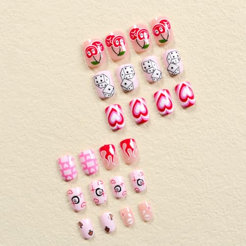 24 Pcs Short Square Pink Press on Nails with Heart Dice Cherry Glossy Design Set - Image 4