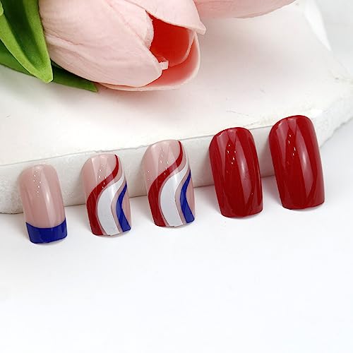 24 Pcs Short Square Press on Nails Red Blue Line French Tip Design Manicure Set - Image 5