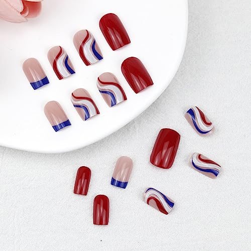 24 Pcs Short Square Press on Nails Red Blue Line French Tip Design Manicure Set - Image 4
