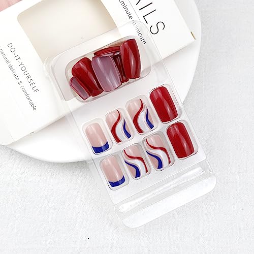 24 Pcs Short Square Press on Nails Red Blue Line French Tip Design Manicure Set - Image 3