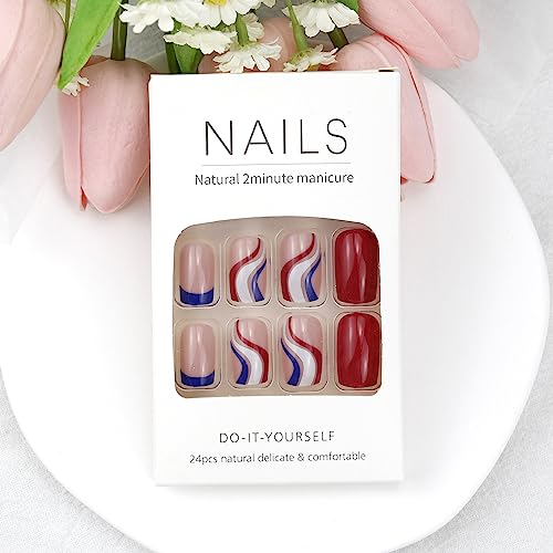 24 Pcs Short Square Press on Nails Red Blue Line French Tip Design Manicure Set - Image 2