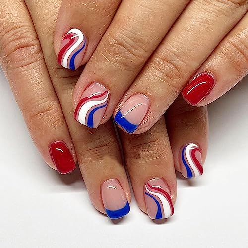 24 Pcs Short Square Press on Nails Red Blue Line French Tip Design Manicure Set